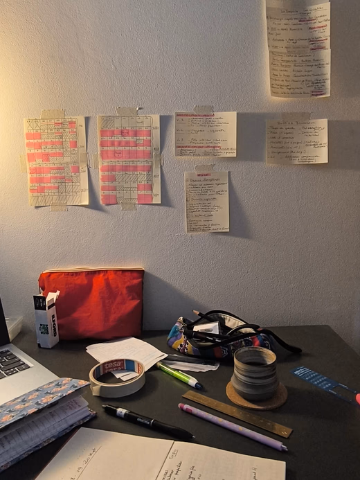 Handwritten preparation notes pinned to a wall above a desk, with an open notebook and a shooting plan