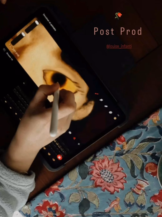 A hand drawing with a stylus on a graphics tablet, retouching a puppet's face frame by frame