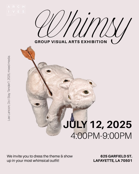 Affiche de whimsy : une sculpture de laine blanche couverte d'yeux et transpercée d'une flèche (œuvre de Lee Lancon), sur fond gris clair, avec la date du 12 juillet 2025 et l'adresse 625 Garfield St., Lafayette